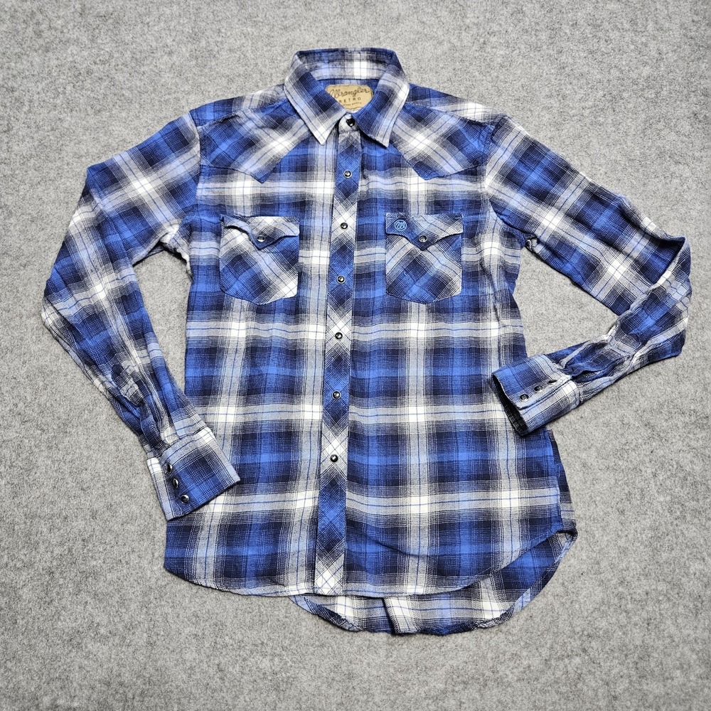 Wrangler‎ Pearl Snap Long Sleeve Shirt Blue Plaid Western Men's Medium